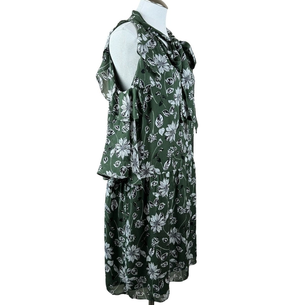 Shoshanna Women's Dress Size 10 Olive Green‎ Floral Cold Shoulder Tie Neck Midi